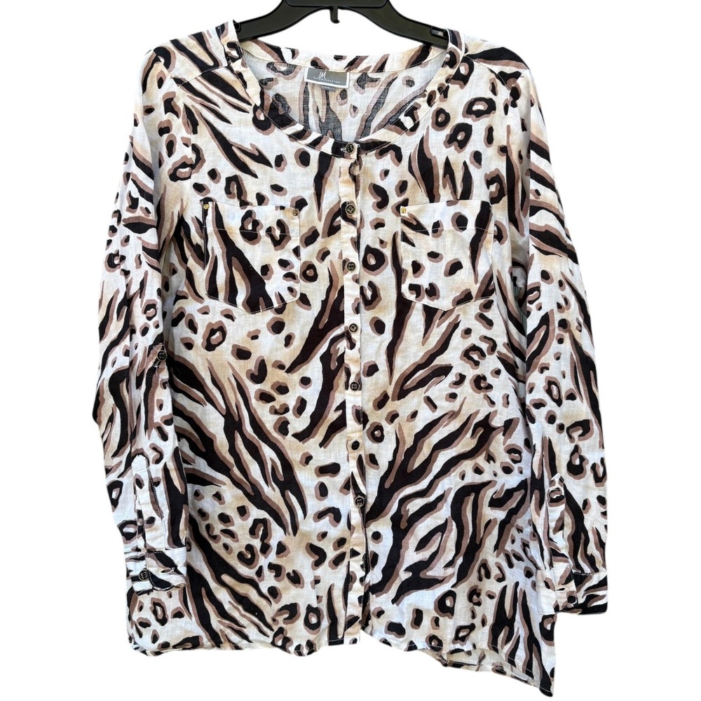 Womens Size 12 Button Front Long Sleeve Shirt Brown Animal Print 100% Linen Top